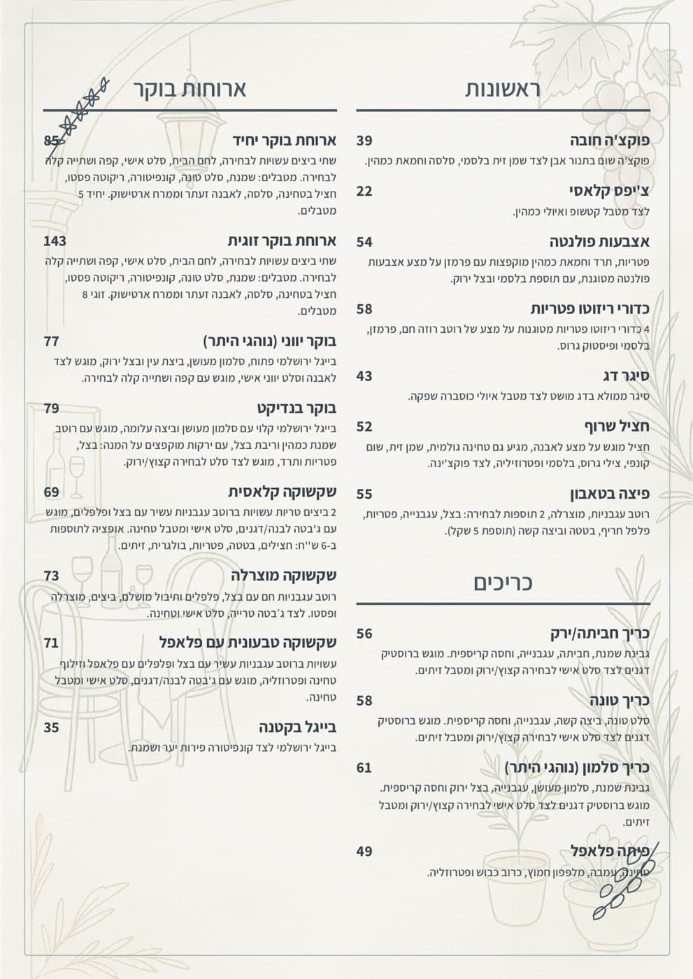 תפריט שעוצב למסעדה